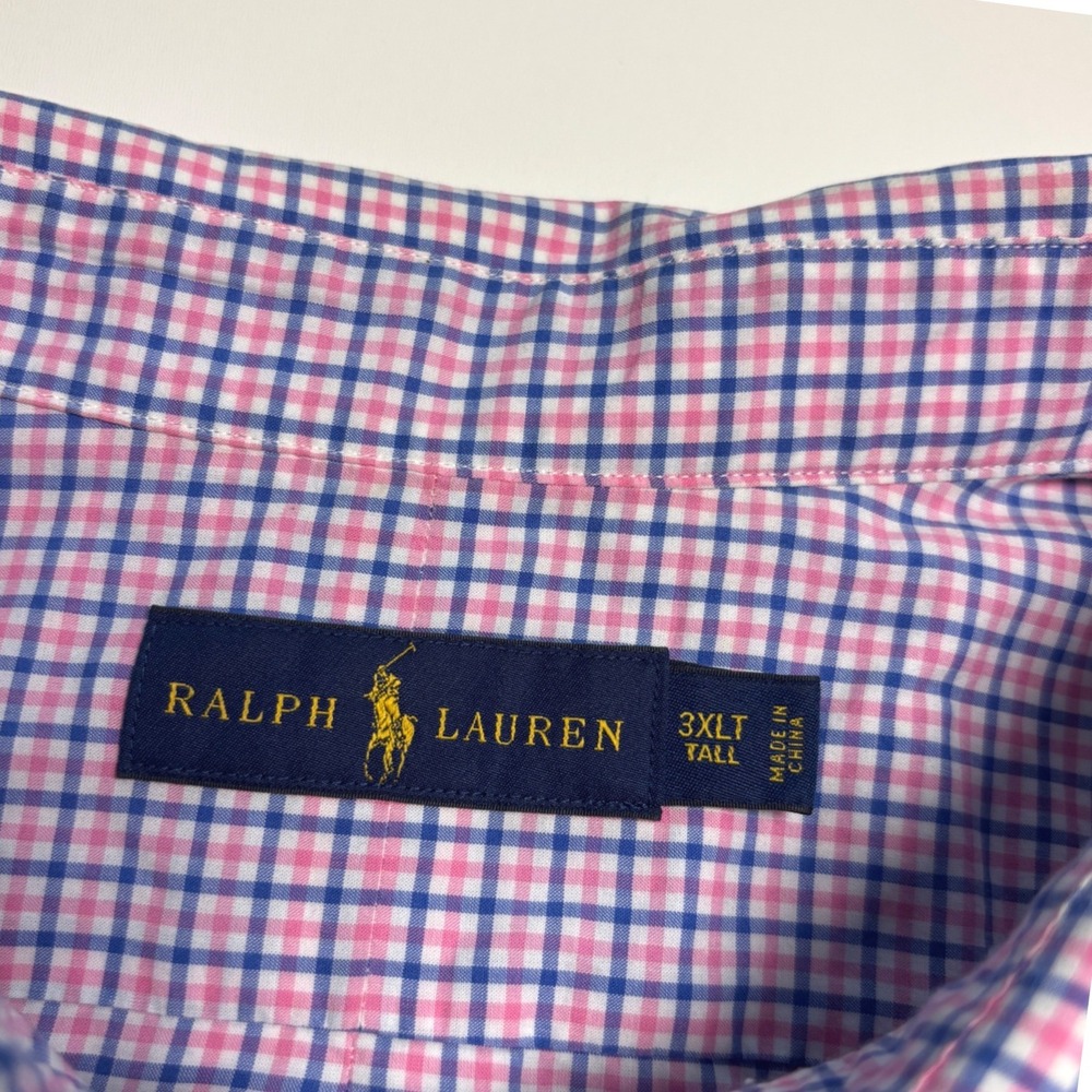 Ralph Lauren Gingham Check Men 3XLT Tall Button Down Short Sleeve Shirt Pink - Picture 7 of 8